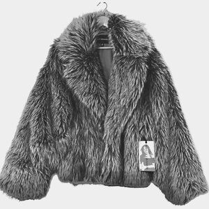 Ashley Graham Womens Plus Size Grey Faux Fur Midweight Cropped Coat 3X